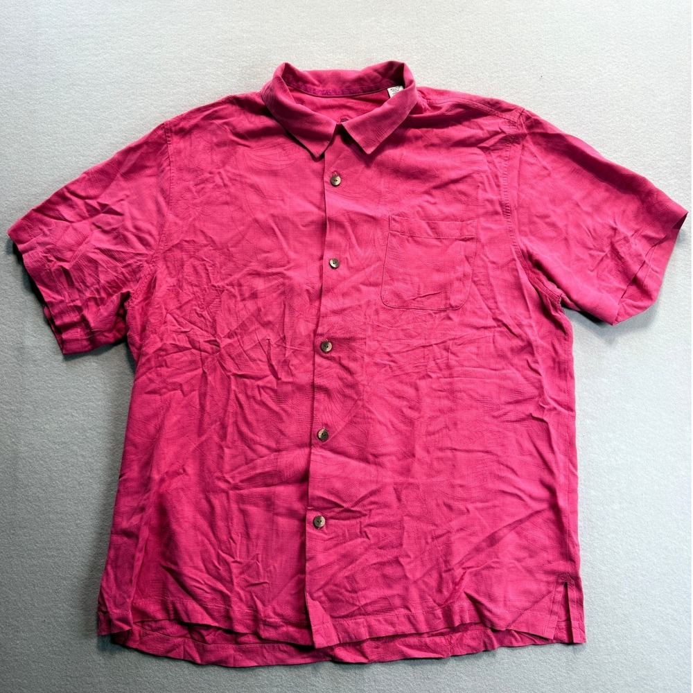 Tommy Bahama Button Up Mens XL Hot Pink Silk Floral Jacquard Short Sleeve Shirt